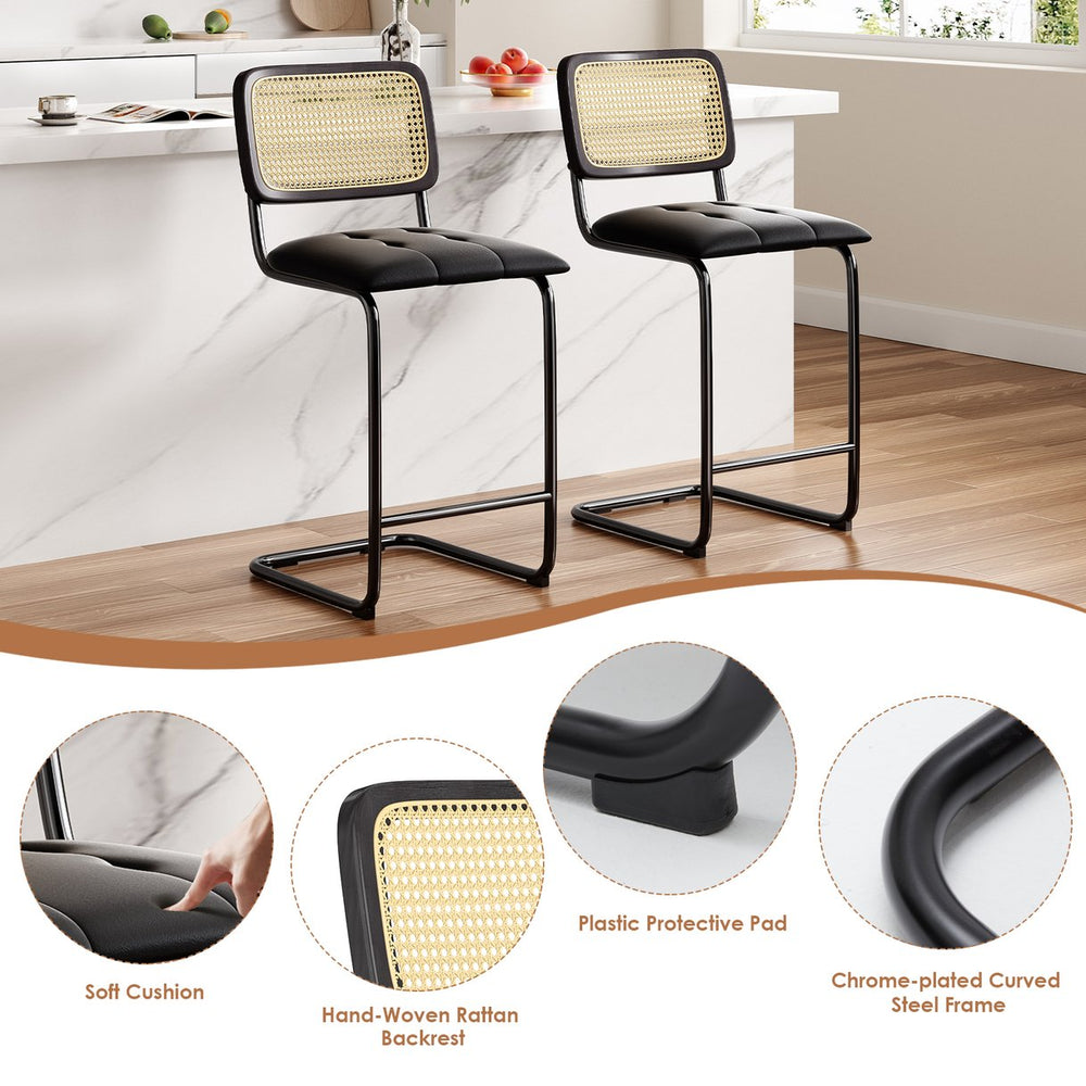 English Elm Counter Height Bar Stools Set Of 2 - Stylish Pu Leather & Rattan Back For Modern Kitchen Decor T3623P360901