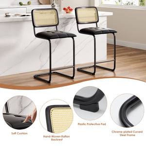 English Elm Counter Height Bar Stools Set Of 2 - Stylish Pu Leather & Rattan Back For Modern Kitchen Decor T3623P360901