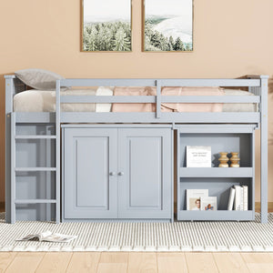 English Elm Twin Loft Bed Rubberwood Frame Pull Out Desk Storage Cabinet and Shelf Kids Room Grey W504S00287