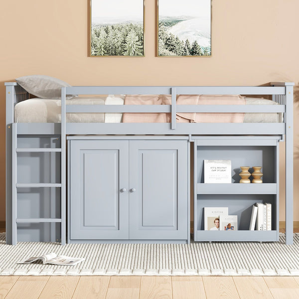 English Elm Twin Loft Bed Rubberwood Frame Pull Out Desk Storage Cabinet and Shelf Kids Room Grey W504S00287