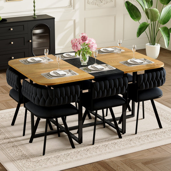 English Elm 7-piece Rectangular Dining Set Faux Marble Velvet Chairs Modern Apartment Table Black,Wood W3875S00130