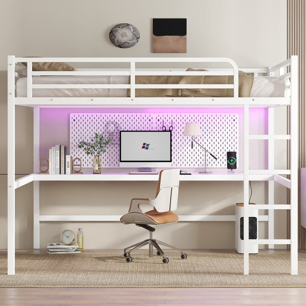 English Elm Metal Queen Loft Bed With Integrated Desk, Led Lights, Power Outlet – Stylish Space-Saver Solution W1580S00139