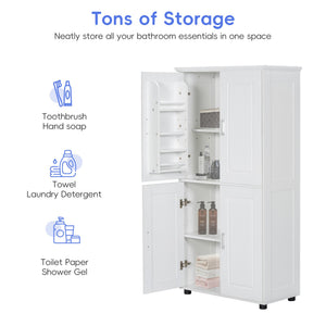 English Elm Tall White Bathroom Storage Cabinet - 4-Door Freestanding MDF Unit, Adjustable Shelves, Slim 61.8" x 18.3" x 7.5" WF323345AAK