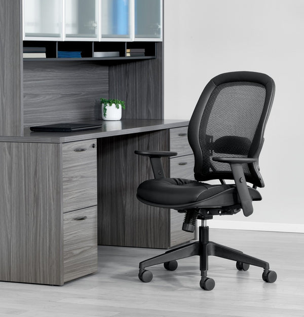 OSP Home Furnishings Dark Air Grid Back Manager Chair with Lumbar Support and Antimicrobial Seat Fabric 5790D-R107