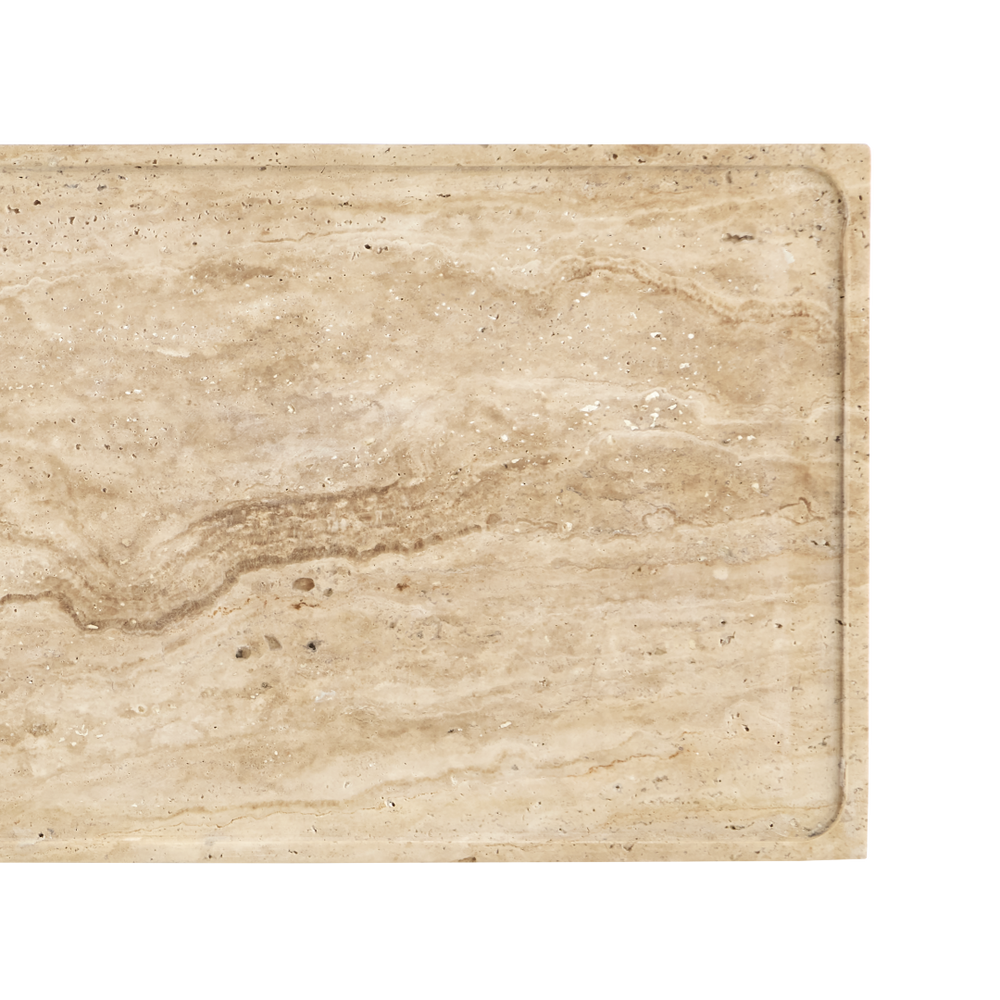 Boyles Travertine C Table - Unique Solid Stone Top with Forged Iron Base, Modern Style, Indoor Use