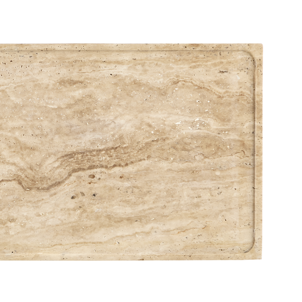 Boyles Travertine C Table - Unique Solid Stone Top with Forged Iron Base, Modern Style, Indoor Use