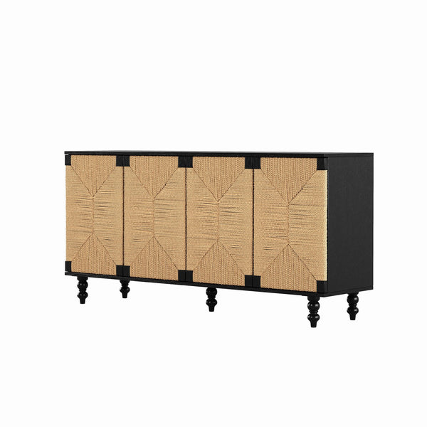English Elm Accent Coastal Sideboard with Handwoven Seagrass Doors and Wire-brushed Wood Finish W2263P395490