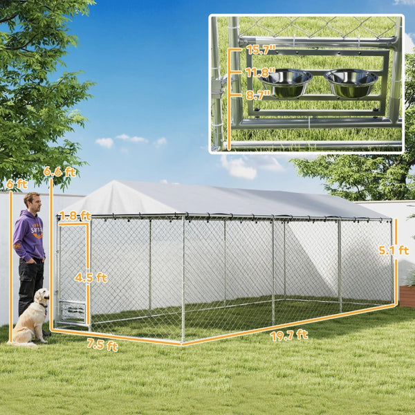 English Elm Large-sized Galvanized Steel Outdoor Dog Kennel with Oxford Fabric Weatherproof Roof T3971S00206