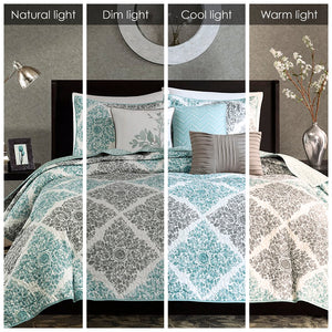 JLA Home Madison Park - 6 Madison Park Claire 6-piece reversible quilt set with crisscross diamond leaf print and pillows, OEKO-TEX certified Aqua MP13-1420