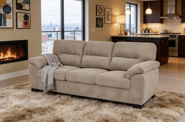 English Elm 3-seater Track Arm Sofa Tufted Textured Fabric Couch for Modern Living Rooms Camel W5568S00011