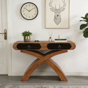 English Elm Ashwood Veneered Console Table with X Frame Legs and Two Drawers for Entryway Halls W3040P455736