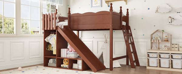 English Elm Twin Loft Bed Solid Pine Frame with Wardrobe Shelving Detachable Slide Kids Room Antique Natural W5305S00020