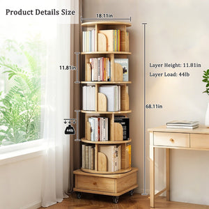 English Elm 6 Tier Rotating Bookshelf 360° Spinning Tower with Lockable Wheels, Drawer & Stable Base for Home Office Wood W3204P309484