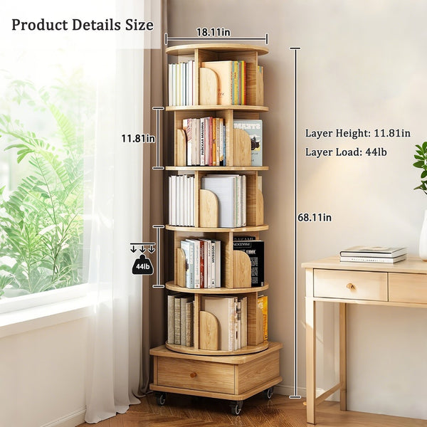 English Elm 6 Tier Rotating Bookshelf 360° Spinning Tower with Lockable Wheels, Drawer & Stable Base for Home Office Wood W3204P309484