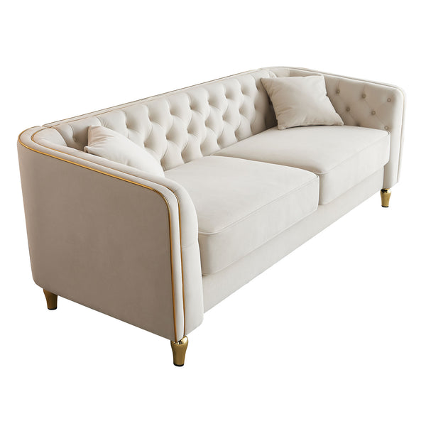 English Elm 87.01"W Modern Tufted Velvet Sofa with Gold Metal Legs, Stylish Accent Seating for Living Room Beige W579S00039