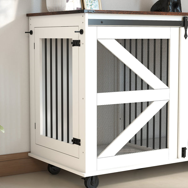 English Elm 47.2" Double Dog Crate Farmhouse Console with Rolling Casters and Barn Doors W2557P330269