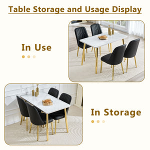 English Elm Table and Chair Set Marble Glass Top Gold Legs with Four Pu Leather Dining Seats W1151S04634