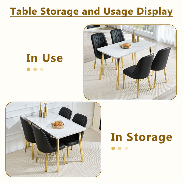 English Elm Table and Chair Set Marble Glass Top Gold Legs with Four Pu Leather Dining Seats W1151S04634