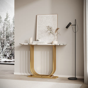 English Elm Accent Console Table Sculptural Black Gold Metal Legs Slim Entryway Hallway Decor W2263P395487