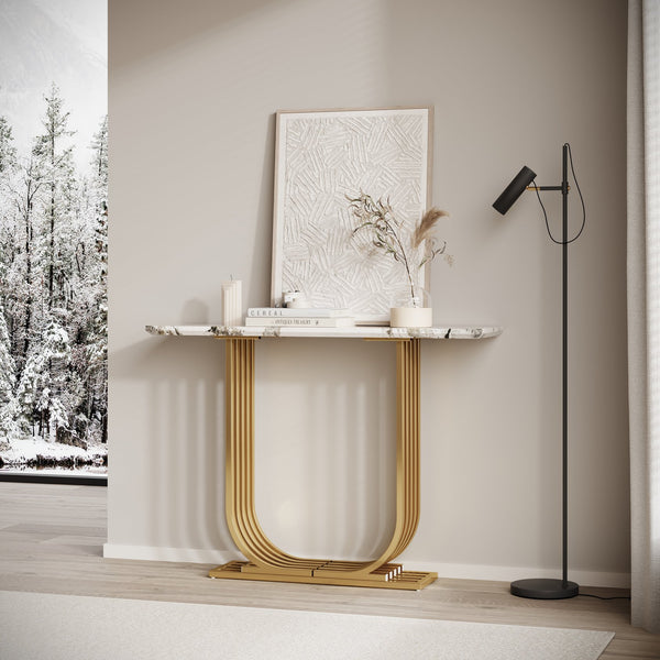 English Elm Accent Console Table Sculptural Black Gold Metal Legs Slim Entryway Hallway Decor W2263P395487