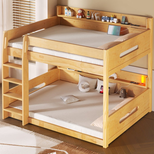 English Elm Queen Over Pine Bunk Bed with Built-in Shelves and Usb Charging Ports Wood N7090002238D
