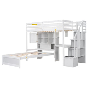 English Elm Twin Over Twin Loft Bed with Built-In Desk, Stairs, Shelving and Storage Headboard for Space-Saving Rooms White GX000465AAK