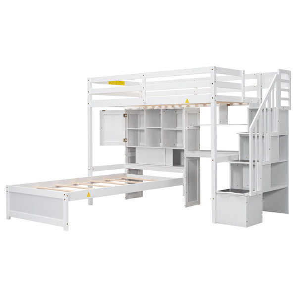 English Elm Twin Over Twin Loft Bed with Built-In Desk, Stairs, Shelving and Storage Headboard for Space-Saving Rooms White GX000465AAK