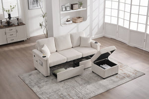 English Elm UNITED Corduroy L-Shaped Sectional Sofa with Storage Ottoman, USB Ports, Cup Holders & LED Lighting Beige W1568P332400