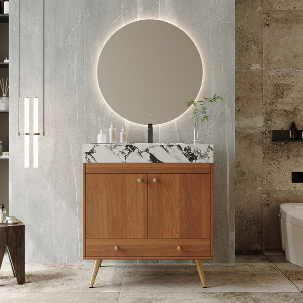 English Elm Mid-century Freestanding Bathroom Vanity Faux Marble Ceramic Sink Gold Legs Storage W3136S00067