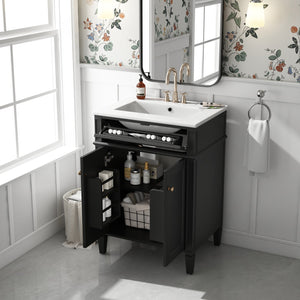 English Elm 24" Bathroom Vanity with Ceramic Basin, French-Inspired Accent Carvings, Soft-Close Doors & Storage Black N710P293309B