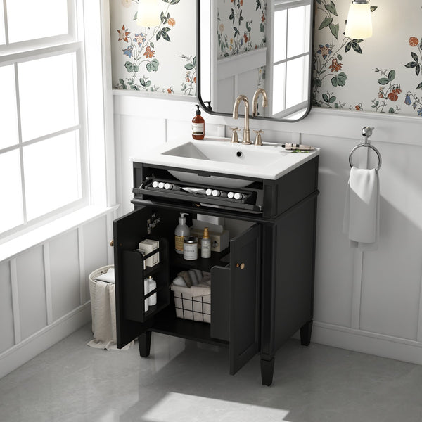 English Elm 24" Bathroom Vanity with Ceramic Basin, French-Inspired Accent Carvings, Soft-Close Doors & Storage Black N710P293309B