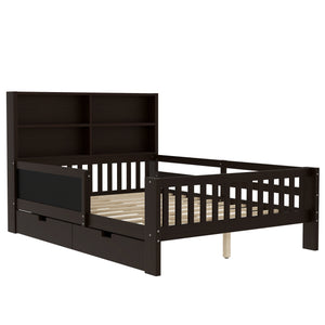 English Elm Full Solid Wood Platform Bed with Chalkboard Headboard, Storage Drawers & Shelves, Kid-Friendly White Espresso W1580P362709