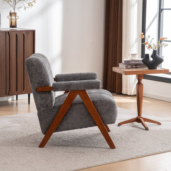 English Elm Mid-century Modern Chenille Accent Chair Cloud Silhouette Oak Frame Living Room Lounge Grey W1170P425433