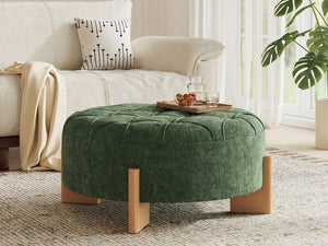 English Elm 32" Round Chenille Ottoman Tufted Footrest with Rubberwood Legs for Living Room Green N723P405298G