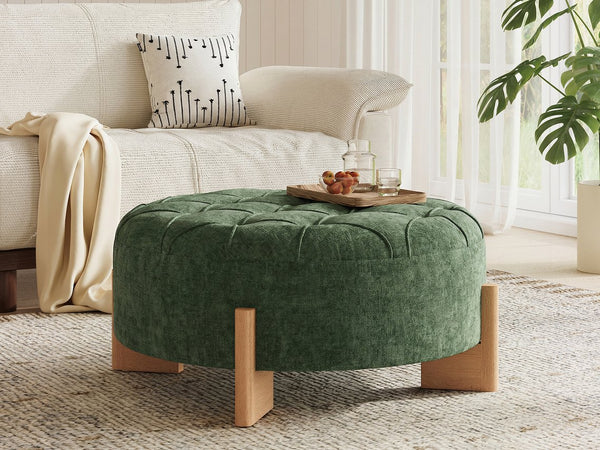 English Elm 32" Round Chenille Ottoman Tufted Footrest with Rubberwood Legs for Living Room Green N723P405298G