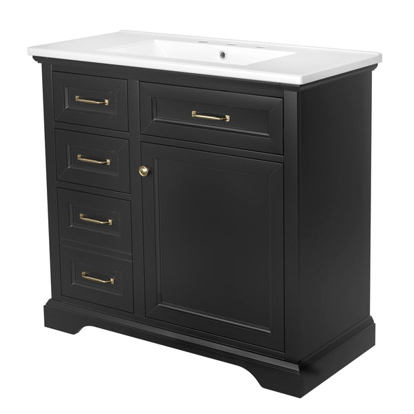 English Elm 36-Inch Modern Bathroom Vanity with Ceramic Basin, 4 Drawers & Soft-Close Door, Pre-Drilled Faucet Ready, Durable MDF and Solid Wood Construction (36"L x 18.3"W x 33.4"H) Black N725P296118B