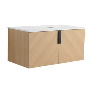 English Elm 36" Wall Mounted Vanity with Artificial Stone Top, Soft-Close Doors, Oak Finish, Durable Plywood W999P373498