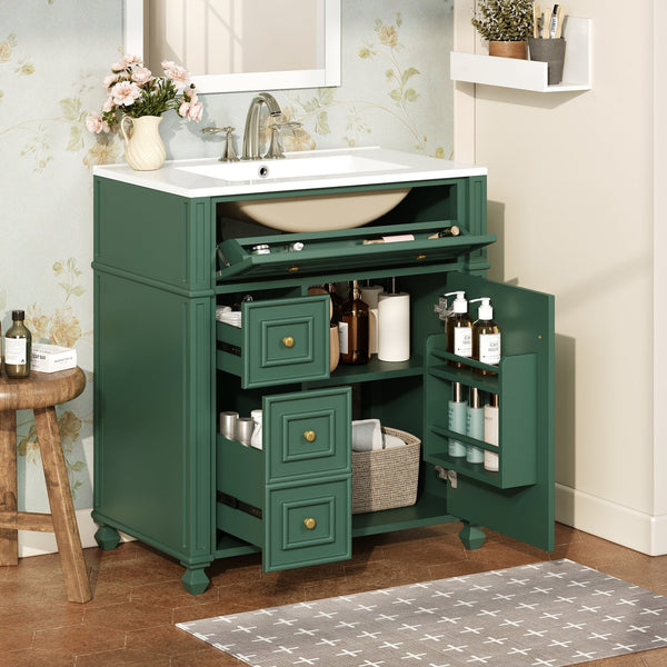 English Elm Bathroom Vanity with Sink French-Inspired 30" Ceramic Basin Vanity Cabinet with Soft-Close Doors & Drawer Organizer Green N710P286723F