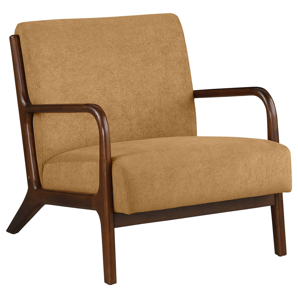 English Elm 1pc Mid-century Modern Accent Armchair with Curved Wood Frame, Soft Upholstery, Splayed Legs for Cozy Spaces Cappuccino,Honey 32 L x 31 W x 18.25 H B011P308535