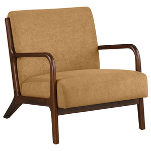 English Elm 1pc Mid-century Modern Accent Armchair with Curved Wood Frame, Soft Upholstery, Splayed Legs for Cozy Spaces Cappuccino,Honey 32 L x 31 W x 18.25 H B011P308535