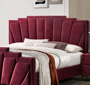English Elm Glam Plush Flannelette Queen Bed with Shell Tufting and Padded Headboard on Metal Legs for Style Gold,Red 84 L x 26 W x 5 H B2741S00335
