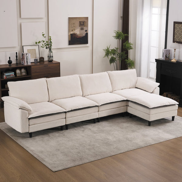 English Elm 129.92" Chenille Cloud Sectional Modular L Shaped Sofa with Ottoman Deep Lounge Seating W5029S00003