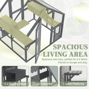 English Elm Cat, Outdoor Wood Enclosure Multi-level Shelter with Platforms Resting Boxes Waterproof Canopy W1598S00039