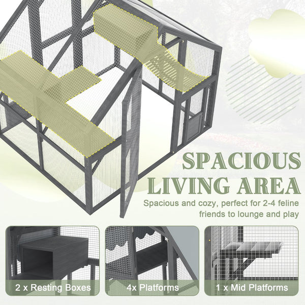 English Elm Cat, Outdoor Wood Enclosure Multi-level Shelter with Platforms Resting Boxes Waterproof Canopy W1598S00039