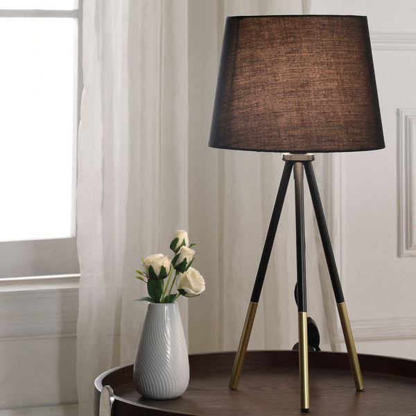 English Elm 20" Devon Tripod Table Lamp Matte Black & Gold Metal Accent, Semi-Drum Shade, LED Compatible B072116180
