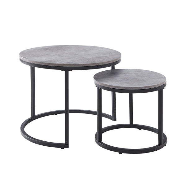 English Elm 24" Round Nesting Coffee Tables Faux Concrete Mdf Top Matte Black Metal Frame W3151P400586
