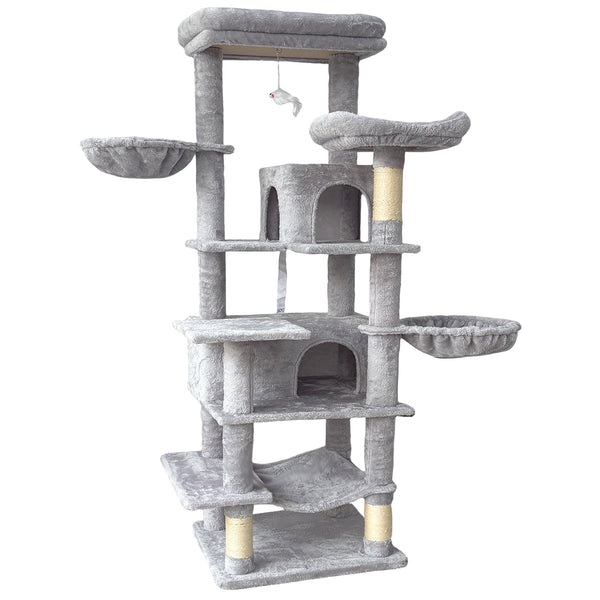 English Elm 68in Tall Six Level Plush Cat Tower with Sisal Posts Hammock Cave and Washable Perches Light Gray W243P326779