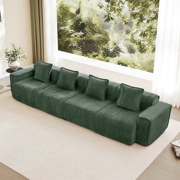 English Elm Streamlined Velvet Modular Sofa Four Seat Deep Cloud Foam French Piping Living Room Green W3041S00368