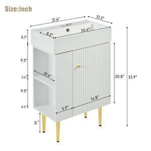 English Elm 21.6" White Left-Side Storage Bathroom Vanity with Ceramic Sink, Gold Legs, Soft-Close Door, Modern Design SV000007AAE