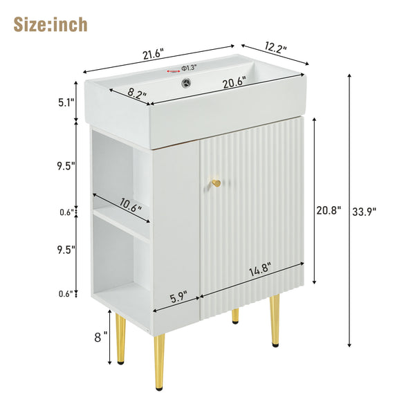 English Elm 21.6" White Left-Side Storage Bathroom Vanity with Ceramic Sink, Gold Legs, Soft-Close Door, Modern Design SV000007AAE